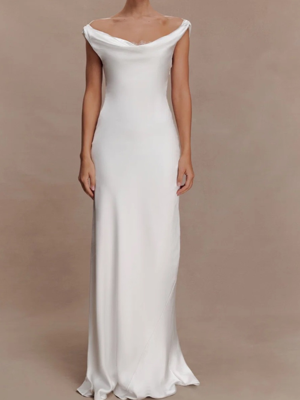 Meshki Ashley Elegant White Satin Cowl-Back Evening Dress